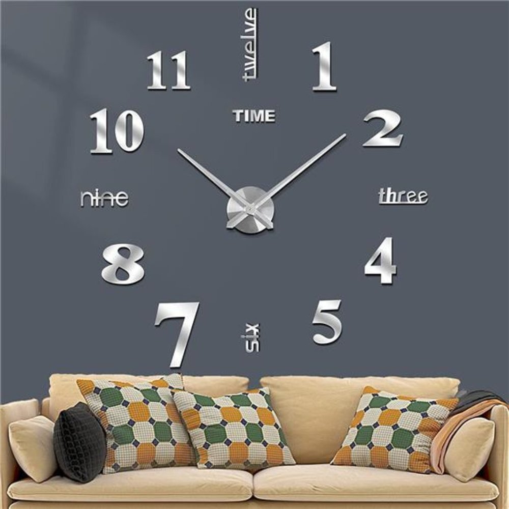 Frameless DIY Wall Clock, 3 in 1 Large 3D Frameless Wall Clock 47 Inch (Silver)